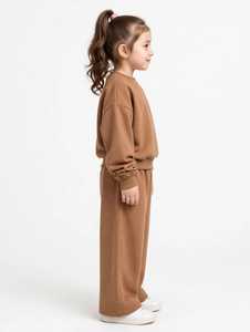 Ensemble de survêtement en coton marron pour filles, manches longues, col rond, coupe ample, couleur unie, pantalon de jogging avec poches latérales, tenue décontractée d'automne - Product Image 3