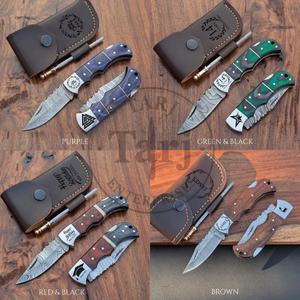 Handmade Industrial Grade Damascus Steel Folding Knife Set Green <b>Resin</b> Wood Handle Leather Sheath Fire Starter Outdoor EDC <b>Kit</b> - Product Image 6