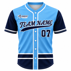 SINEWY Maillot de baseball personnalisé respirant à manches courtes avec boutons, nom de l'équipe, numéro 07, pour hommes adultes, bleu clair marine - Product Image 1