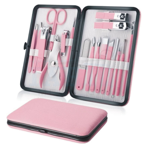 Wholesale Custom 16 Pieces Manicure Pedicure Kit Travel Pink <b>Nail</b> Grooming Clipper <b>Set</b> with White Lining Ribbed Leather Pouchs - Product Image 6