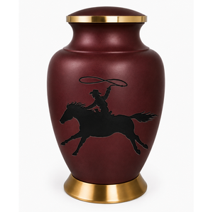 Urna Funeraria de Metal (Latón/Aluminio) Grabada con Diseño de Vaquero y Caballo, Color Negro y Marrón, Estilo Europeo Americano, para Cenizas Humanas - Product Image 6