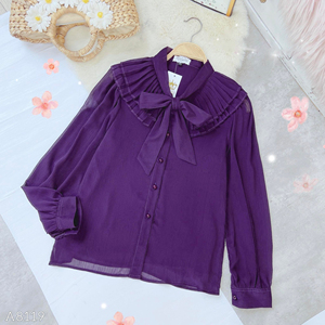 Chemisier élégant à manches longues pour femme avec grand nœud papillon, épaules plissées et volants, couleur unie, idéal pour le bureau – Vente en gros pour les acheteurs - Product Image 5