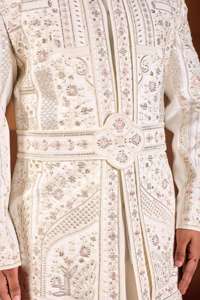 Pearl Kamarbandh Pattern Wrinkle <b>Free</b> Mandarin Collar Festive Wedding Mens Sherwani Premium Divine Touch Base Pastel Dhaga Groom - Product Image 3