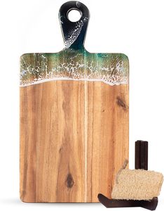Acacia Wood Serving Board with Handle, Dual-Sided Resin Art Tray for Display & Prep, Handcrafted Cutting Board, Includes Stand - Product Image 1
