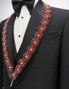 Men’s Black Designer Tuxedo Suit with Red Crystal Embellished <b>Shawl</b> Lapel – <b>Wedding</b> Party Prom Blazer Set - Product Image 5