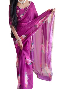 El nuevo punto de cadena y las mangas Fancy Georgette funcionan con un sari de encaje elegante para mujer - Product Image 1