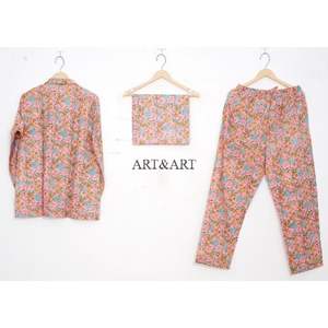 Ensemble de pyjama élégant pour femmes en coton, imprimé à la main avec un motif floral, vêtements de nuit confortables, vêtements de fête, lavables, naturels, indiens - Product Image 4