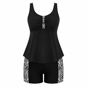 Wholesale Manufacturer Women's 2 Piece Tankini Swimwear Set Black <b>Top</b> With Print Side Shorts Stretch Beachwear Tankini Women's - Product Image 5