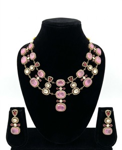 Ensemble collier et boucles d'oreilles Kundan Polki rose, plaqué or, bijoux indiens de mariée, bijoux de mariage traditionnels pour femmes - Product Image 2