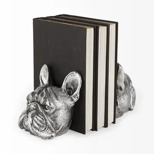 Porte-livres en métal Bouledogue Français, 2 pièces, décor animal sculpté, organisateur de bureau et de maison, design artistique contemporain - Product Image 1