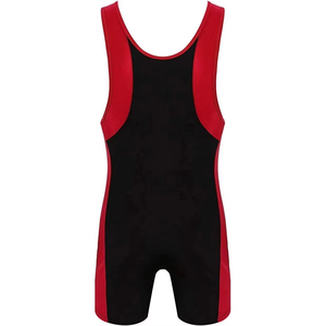 Combinaison de lutte noire en gros avec empiècements latéraux rouges, sans manches, en tissu extensible, pour la lutte et les costumes de spectacle - Product Image 1