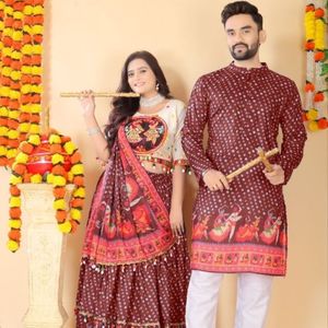 Latest Navratri Couple Collection Premium Lehenga Choli And <b>Men</b> Muslin Cotton <b>Kurta</b> Pant Wholesale Rate By Royal Exports - Product Image 2