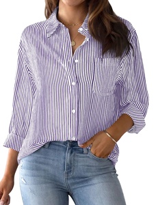 Womens 100% Polyester Woven Button Shirt <b>Long</b> Sleeve Striped Eco-Friendly Office Blouse Professional Work Classic Collared <b>Top</b> - Product Image 5