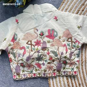 Chemise élégante en coton Khadi avec motif floral-arbre-animal brodé multi-fils, col halter, mode féminine - Product Image 4