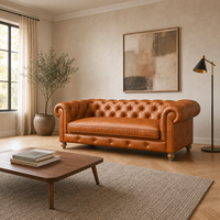 Canapé Chesterfield en cuir véritable trois places, dossier capitonné, accoudoirs roulés, style traditionnel, canapé de salon en cuir