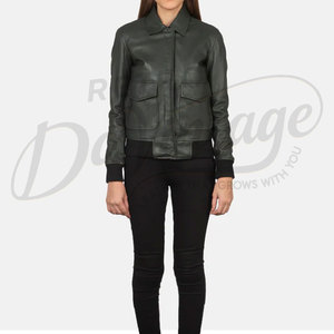 Women's <b>Leather</b> Women Dark Green <b>Real</b> <b>Leather</b> <b>Jacket</b> Shirt Collar Slim Fit Premium Cow Skin Casual Winter Bomber Style Outerwear - Product Image 3