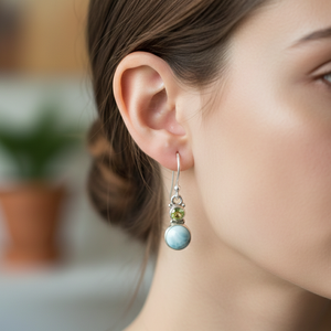 Natural Larimar Peridot 925 Sterling Silver Dangle <b>Earrings</b> Handmade Round Gemstone Drop <b>Hook</b> <b>Earrings</b> Women Jewelry Sister Mom - Product Image 2