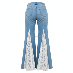 Elegant Breathable Y2K Casual White Lace Patchwork Denim Flare Pants Women High Stretch Retro <b>Bell</b> Bottom Wholesale OEM/ODM - Product Image 3