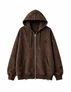 Sudadera con capucha unisex marrón vintage lavada y desgastada con cremallera, ajuste regular, forro polar rasgado, estilo urbano, con bolsillos, 100% algodón - Product Image 2