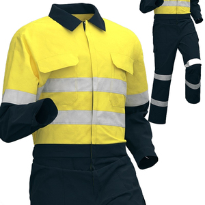 Ensemble de vêtements de travail haute visibilité pour hommes, chemise et pantalon de sécurité réfléchissants en coton, jaune bleu marine - Product Image 3