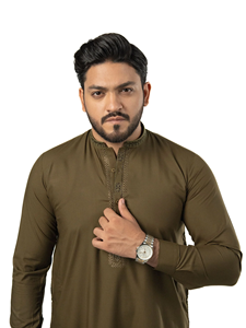 ชุดสูทคุर्ตาสีเขียวมะกอกสำหรับผู้ชาย แบบซัลวาร์ คามีซ พร้อมปักลายที่ปกเสื้อ  สำหรับใส่ในโอกาสกึ่งทางการ  ชุดพื้นเมือง - Product Image 6