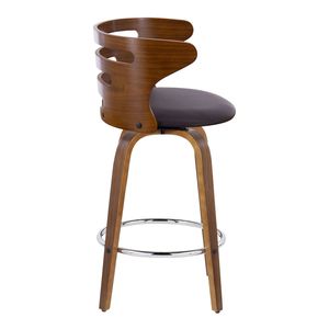 Sgabello da bar Cosini Mid-Century Modern da 26 pollici in legno di noce e similpelle marrone con base girevole in metallo cromato a altezza fissa - Product Image 3