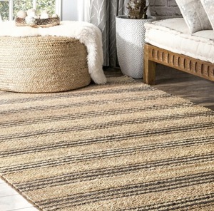 Tapis moderne en jute naturel tissé à la main avec motif rayé gris, écologique et durable, pour salon - Product Image 4