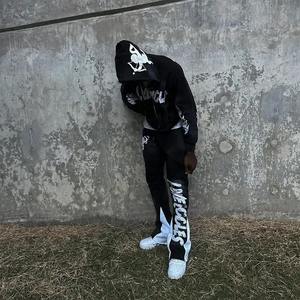 Conjuntos de dos piezas con logotipo bordado y apliques desgastados personalizados, chándal para correr, chándal acampanado Unisex, lavado ácido, trajes para correr para hombres - Product Image 2