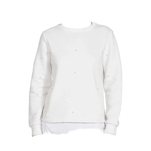 Sweat-shirt blanc perlé pour femme, col rond, pull à manches longues, haut décontracté en polaire, vêtement d'extérieur d'hiver orné de perles - Product Image 1