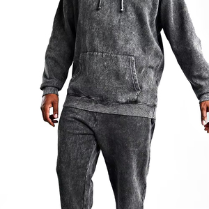 Ensemble de survêtement personnalisé pour homme grande taille en coton délavé, coupe décontractée, gris uni, manches longues, pour l'automne - Product Image 3