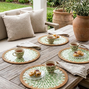 Handcrafted Bohemian Mother of Pearl inlay Wicker Rattan Round <b>Placemats</b> <b>Table</b> <b>Placemats</b> <b>for</b> Dining & Home - Product Image 3