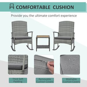 Set di 3 Sedie a Dondolo in Rattan PE per Esterni con Cuscini Morbidi e Tavolino in Legno Naturale per Patio o Uso Ospedaliero - Product Image 4