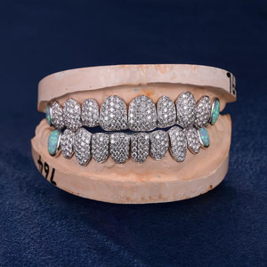 Custom Fit Pave Setting Grillz with Multi Colored Opal Moissanite and <b>Diamonds</b> 925 Sterling <b>Silver</b> Iced Out <b>Teeth</b> Jewelry - Product Image 1