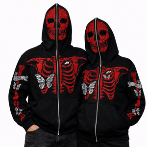 Sudadera con capucha y cremallera completa de algodón polar con estampado gráfico de calavera flameante y pedrería, estilo oversize streetwear, personalizable con marca, suministro de fábrica - Product Image 6