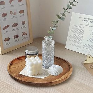 Plateau décoratif rond en bois, plateau de service rustique, organisateur de table pour salon, table à thé - Product Image 1