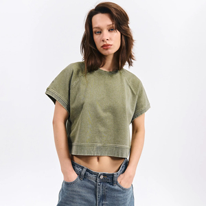 Women's Acid Washed Cropped T Shirt 100% Cotton French Terry Y2k <b>Top</b> Streetwear OEM Oversized <b>Raglan</b> Sleeve Vintage Boxy Tee - Product Image 1
