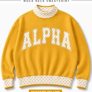 Alpha navy Factory Direct <b>Mock</b> <b>Neck</b> Cotton Fleece Sweatshirt Women Men Ladies Unisex Gingham Patch Polka Dot Tackle Twill - Product Image 6