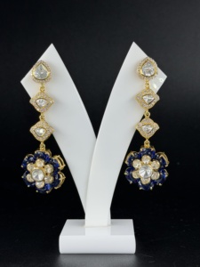 925 Sterling Silver Polki Dangle <b>Earrings</b> Nano Blue Flower Shape Indian Jewelry for Women gift for her - Product Image 1