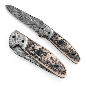 Couteau pliant personnalisé en acier Damas de qualité industrielle avec bouton de pouce, manche en os de chameau gravé au laser, motif Celtic Hound - Product Image 1