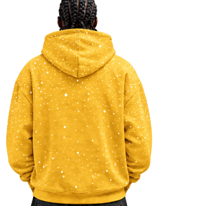 Mustard Yellow <b>White</b> Speckled Print <b>Men</b> Hoodie Heavyweight Pullover <b>Sweatshirt</b> Drawstring Hood Kangaroo Pocket Casual Streetwear - Product Image 2