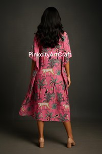 Pure Cotton Pink Tropical Animal Print <b>Kaftan</b> Dress Bohemian <b>Summer</b> Resort Wear Lounge Maxi for Women - Product Image 2