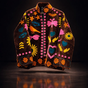 Veste bomber brodée à la main pour femmes, motif cœur et oiseau, col montant, doublure en coton - Product Image 3