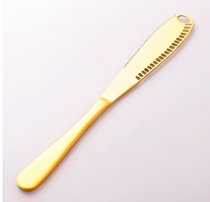 Juego de espátulas para queso de acero inoxidable, doradas, plateadas y grises, con cuchilla dentada para untar mantequilla y orificio para colgar, para uso en la cocina. - Product Image 3
