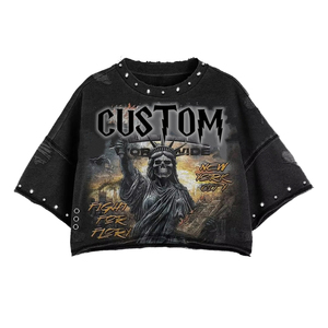 Camiseta Eyre Sports Wear Premium Y2K con Lavado Ácido, Algodón Desgastado, Gráfico de Diamantes de Imitación, Dobladillo Desgarrado, Estilo Urbano para Hombre - Product Image 1