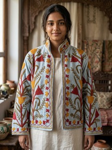 Veste bomber en velours brodée à la main pour femmes, motif floral, gris, style Suzani, hiver, respirante, doublure en coton écologique, col montant - Product Image 3