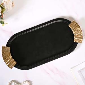 Modern <b>Black</b> Solid Oval Polished Metal Decorative Eco-Friendly <b>Serving</b> <b>Tray</b> Ribbed Handle Dishwasher Safe for Hotel Restaurant - Product Image 1