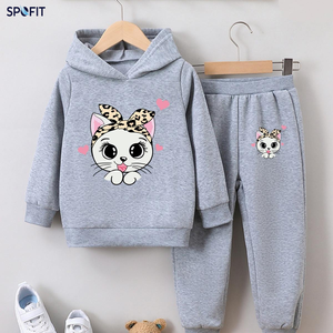 Ensemble sweat à capuche et pantalon pour filles, motif chat rose de dessin animé, 100 % coton, survêtement décontracté d'automne, manches longues, taille élastique - Product Image 4