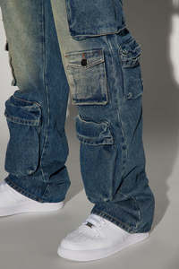 Pantalones Cargo de Mezclilla Lavada para Hombre, Corte Holgado, Cintura Media, Estilo Urbano, Tela de Algodón con Múltiples Bolsillos, para Otoño - Product Image 2