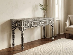 Mesa Consola Artesanal con Incrustaciones de Hueso, Diseño Floral en Blanco y Negro, Estilo Bohemio, Mueble Decorativo para Entrada - Product Image 6