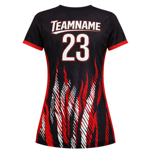 Camiseta de Fútbol Personalizada para Mujer, Diseño de Llamas en Negro y Rojo, Manga Corta, Transpirable, de Secado Rápido, Uniforme para Equipo de Fútbol Femenino - Product Image 3